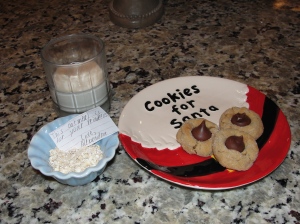 Cookies and milk for Santa and oatmeal for the reindeer.